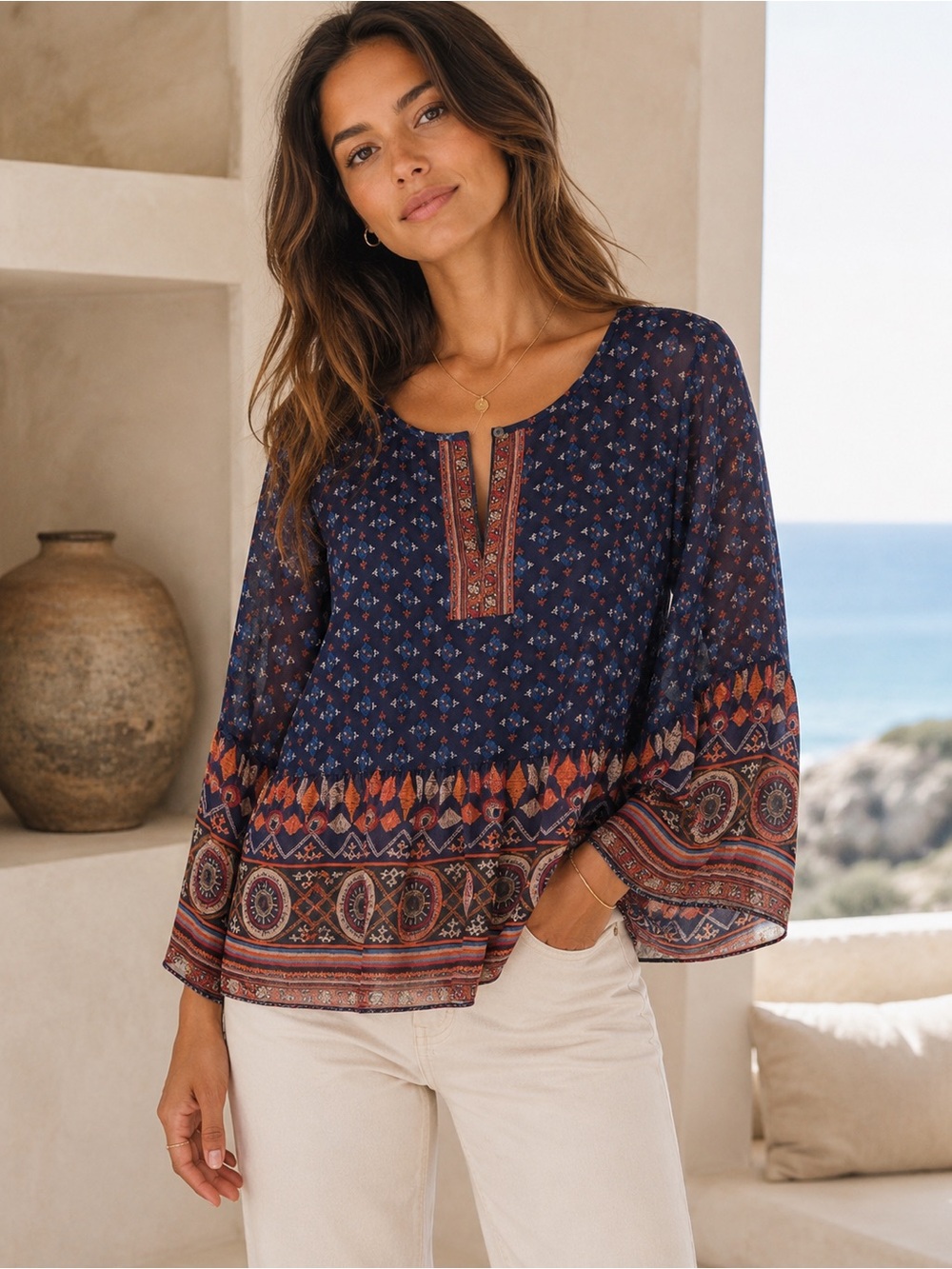 Joie Silk Blouse Navy Multi Print Sheer Sleeve Relaxed Top Small - Picture 2 of 12